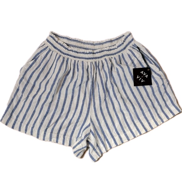 AVA & VIV Linen Viscose Blue and White Striped Shorts - Picture 1 of 8